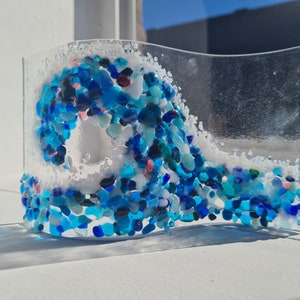 Fused Glass Wave Coastal Ocean Sea Free Standing Sun Catcher Ornament Handmade Cornish Glass Beautiful Décor Made to Order Custom