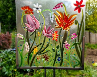 Panel de vidrio floral grande de vidrio fundido de 30x30 cm, luz, perfecto para su jardín, pantalla de vela con escudo de luz, único hecho a pedido, elija personalizado