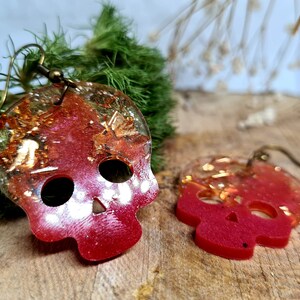 Scull Earrings with Red Gold Leaf Resin Art Earrings Funky Jewellery Fancy Dress Handmade Amazing Gift