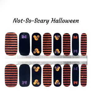 May include: Set of 10 Halloween-themed nail wraps featuring orange and black striped designs, Mickey Mouse heads with spiderwebs, and purple bows. The set is titled "Not-So-Scary Halloween".