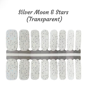 May include: A sheet of 10 silver nail decals with a repeating pattern of moons and stars on a white background. The decals are labeled "Silver Moon & Stars (Transparent)".