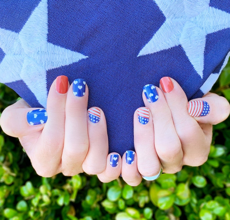 I love America with Red Glitter Nail wraps/ Red White and Blue Nails / 4th of July Nails image 3