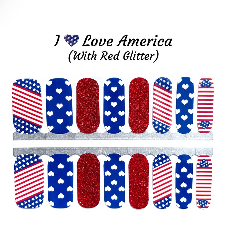 I love America with Red Glitter Nail wraps/ Red White and Blue Nails / 4th of July Nails image 2