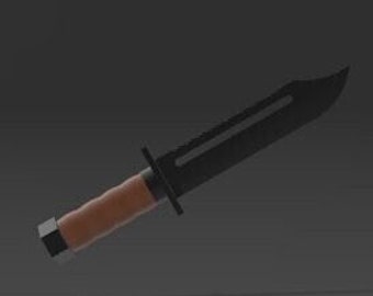 May include: A black and brown hunting knife with a wooden handle.