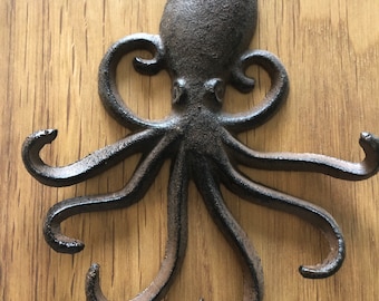 Cast Iron Nautical Octopus with Tentacle Hooks Aqua Blue Towel Coat Rack Holder 