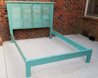 Repurposed Shutter Bed, Distressed Turquoise, Coastal Decor