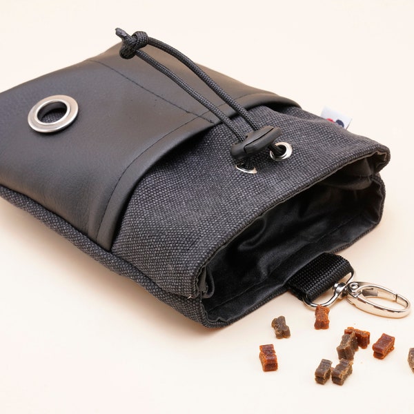 Treat bag for dogs made of washed canvas and artificial leather with integrated poop bag dispenser black