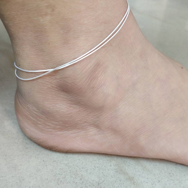snake chain sterling silver anklet, silver ankle bracelet,  dainty silver anklet,two in one anklet,solid layered anklet,payal,pajeb