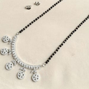 Non Tarnish Silver Mangalsutra Necklace Set: CZ Black Bead Pendant, Matching Earrings