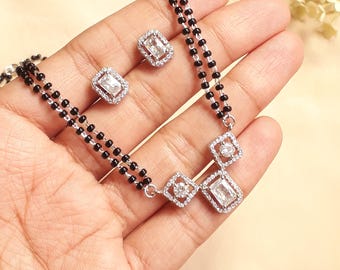 Conjunto de mangalsutra de plata de ley, diamante americano, collar de cuentas negras y pendientes.