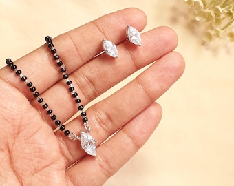Conjunto de collar Mangalsutra de plata esterlina: colgante de circonita cúbica y cuentas negras