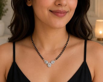 Sterling Silver Mangalsutra Necklace Set: CZ Pendant, Handmade Earrings