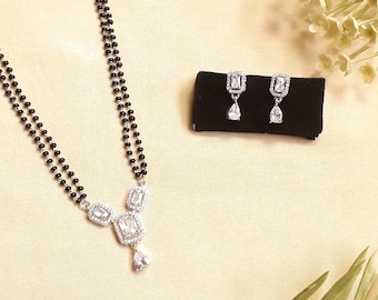 Conjunto Mangalsutra de diamantes: collar y pendientes de plata de ley