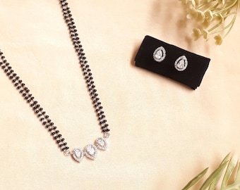 Conjunto de mangalsutra de diamantes, colgante de plata de ley, joyería india