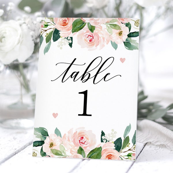 Blush Pink Table Numbers, Wedding Table Number Cards, Dusky Rose, Dusty Pink, Romantic Floral Wedding Table Cards, Wedding Numbers - BB04