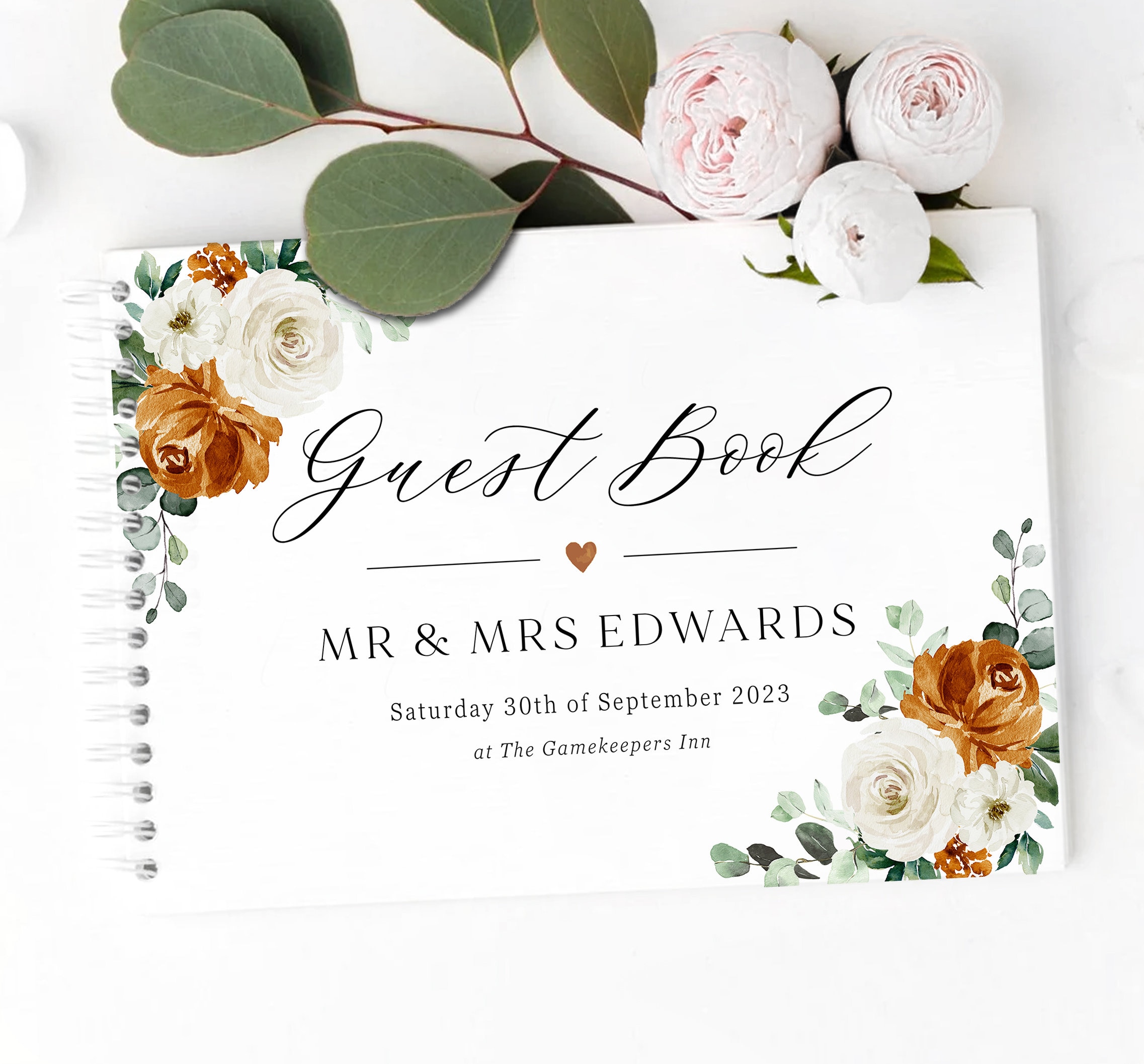 Burnt Orange & Eucalyptus Wedding Guest Book, Personalised Guest Book, A4 Spiral Bound Guest Book, Autumn Wedding Boho Florals - BB27