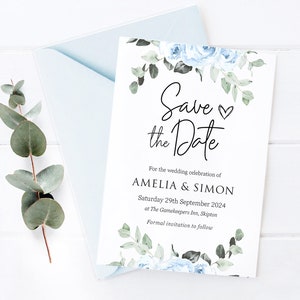 Save The Date, Baby Blue Floral Wedding Save The Date Card, Wedding Invitation, Dusty Blue, Dusky Blue Powder Blue - BB01