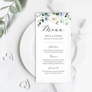 Blue Floral & Eucalyptus Wedding Menu, Wedding Breakfast Menu, Personalised Table Menu, Floral Table Decor - BB24