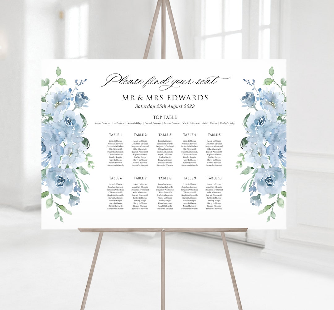 Dusky Blue Wedding Table Plan Board Baby Blue Floral Wedding Etsy UK