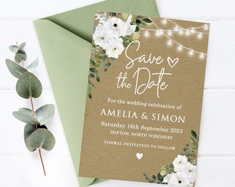 Save The Date, Eucalyptus Foliage Wedding Save The Date Card, Green Wedding, Floral Rustic Kraft Invitation, Barn Wedding - BB12