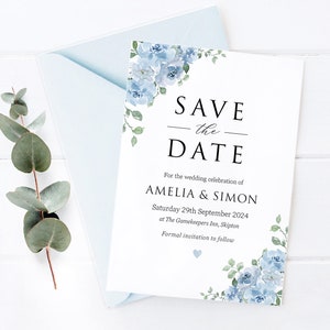 Dusky Blue Save The Date, Baby Blue Floral Wedding Save The Date Card, Wedding Invitation, Dusty Blue, Baby Blue Powder Blue - BB10