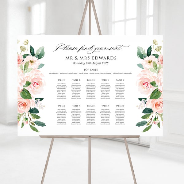 Blush Pink Floral Wedding Table Plan Board, Blush Pink & Ivory Floral Wedding, Wedding Seating Plan, Ceremony Table Plan Sign - BB04