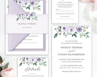 Lilac Floral Wedding Invitations, Lavender Purple Flower, Rustic Wedding Stationery, Barn Country Theme, RSVP, Guest Information - BB14