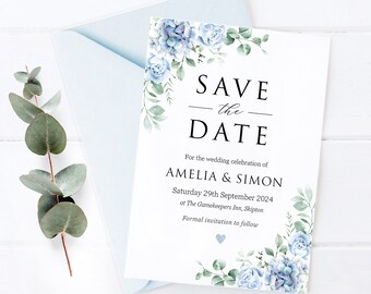 Soft Blue Florals Save The Date, Baby Blue Floral Wedding Save The Date Card, Wedding Invitation, Dusty Blue, Baby Blue Powder Blue - BB22