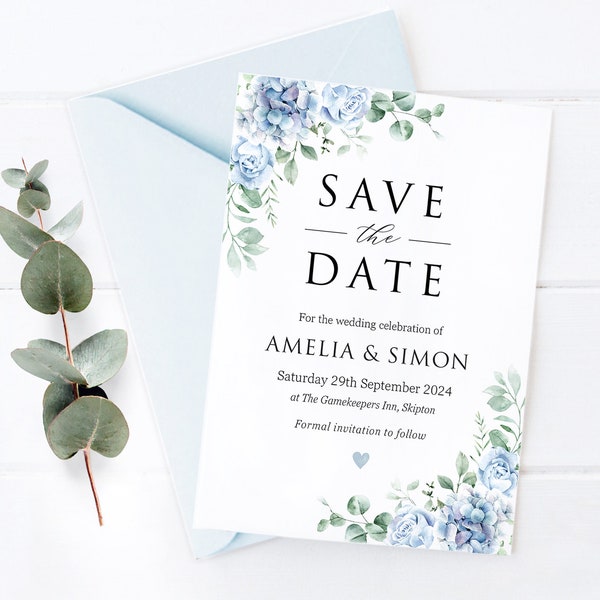 Soft Blue Florals Save The Date, Baby Blue Floral Wedding Save The Date Card, Wedding Invitation, Dusty Blue, Baby Blue Powder Blue - BB22