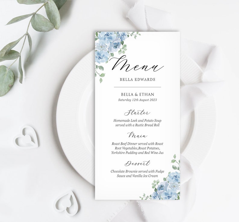Dusty Blue Wedding Menu, Wedding Breakfast Menu, Personalised Table Menu, Floral Table Decor BB10 image 2