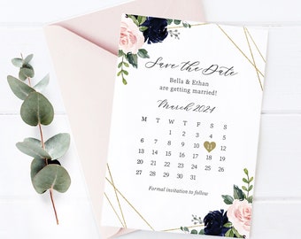 Blush Pink & Navy Save The Date, Wedding Save The Date Card, Wedding Invitation, Floral Save The Date, Dusky Pink, Dusty Rose - BB15
