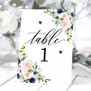 Navy & Blush Wedding Table Numbers, Table Number Cards, Dusky Rose, Navy, Dusty Pink, Floral Wedding Table Decor - BB18