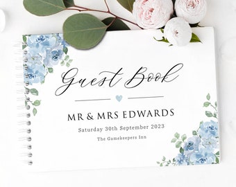 Dusky Blue Floral Wedding Guest Book, Personalised Guest Book, A4 Spiral Bound Guest Book, Baby Blue - BB10