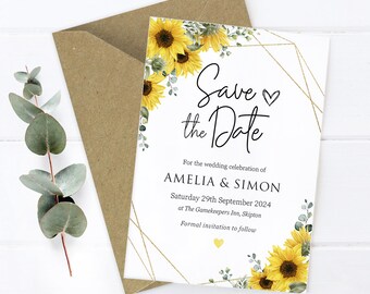 Sunflower Save The Date, Sunflower Wedding Save The Date Card, Wildflower Floral Save Our Date, Rustic Kraft Invitation, Barn Wedding - BB20