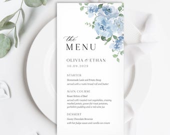 Dusky Blue Floral Menu, Personalised Wedding Breakfast Table Decor, Baby Blue - BB10