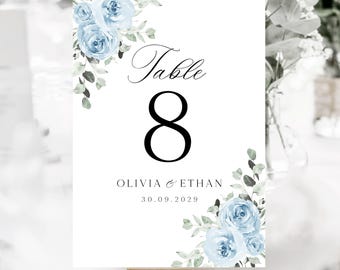 Baby Blue Floral Table Numbers, Blue & Eucalyptus Personalised Wedding Table Name Cards, Table Decor - BB01