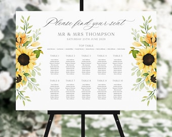 Pretty Sunflowers Table Plan, Wildflower Sunflower Large Personalised Wedding Guest Seating Chart Sign - BB19