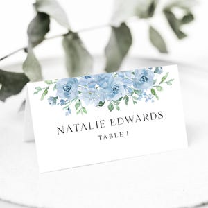 Dusky Blue Floral Place Name Cards, Pastel Blue Personalised Wedding Guest Name Tags - BB10