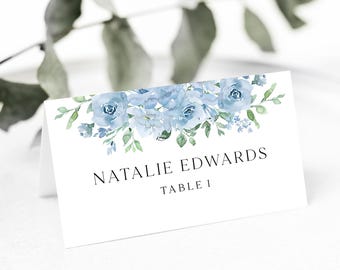 Dusky Blue Floral Place Name Cards, Pastel Blue Personalised Wedding Guest Name Tags - BB10