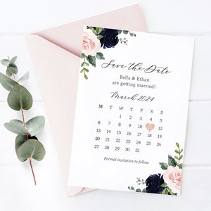 Blush Pink & Navy Save The Date, Wedding Save The Date Card, Wedding Invitation, Floral Save The Date, Dusky Pink, Dusty Rose - BB06