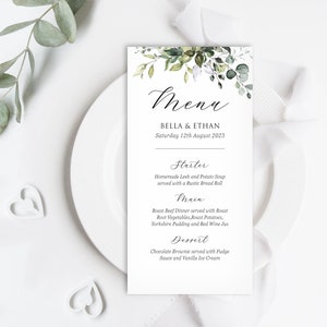 Eucalyptus Wedding Menu, Wedding Breakfast Menu, Personalised Table Menu, Floral Table Decor - BB25