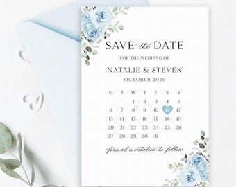 Baby Blue Floral Save the Dates, Sky Blue & Eucalyptus Wedding Invitation Announcement, with Envelopes - BB01