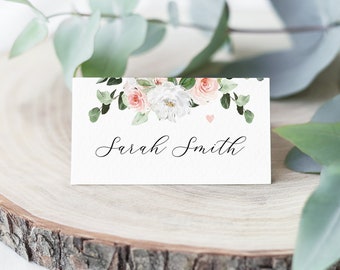 Blush & Eucalyptus Wedding Place Name Cards, Floral Name Card, Dusky Pink, Botanical Tag, Rustic Country Name Setting - BB09