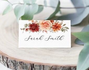 Autumn Florals Wedding Place Name Cards, Botanical Place Name, Burnt Orange, Autumn Wedding, Rustic Country Name Setting - BB30