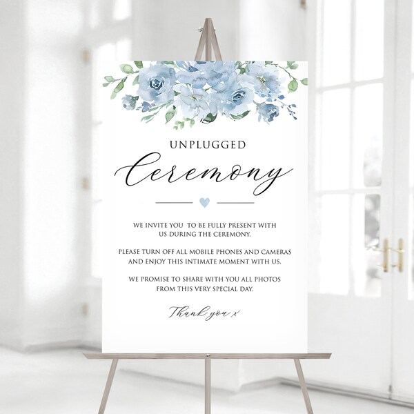 Dusty Blue Unplugged Ceremony Sign, No Photo Wedding, No Photo Ceremony, Baby Blue, Powder Blue, Floral Wedding Sign - BB10