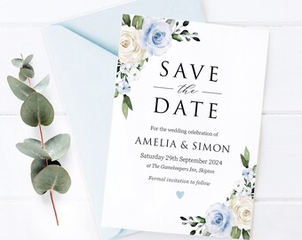 Blue & Ivory Floral Save The Date, Baby Blue Floral Wedding Save The Date Card, Wedding Invitation, Dusty Blue, Baby Blue Powder Blue - BB46