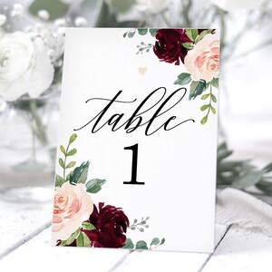 Blush & Burgundy Wedding Table Numbers, Table Number Cards, Dusky Pink, Dusty Rose, Floral Wedding Table Decor, Wedding Table Numbers - BB03