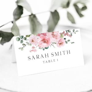 Dusky Pink Florals Wedding Place Name Cards, Floral Name Card, Dusky Pink Roses, Botanical Tag, Boho Rustic Country Name Setting - BB17