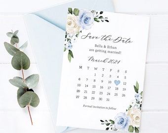 Blue & Ivory Floral Save The Date, Baby Blue Floral Wedding Save The Date Card, Wedding Invitation, Dusty Blue, Baby Blue Powder Blue - BB46