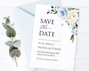 Blue & Ivory Floral Save The Date, Baby Blue Floral Wedding Save The Date Card, Wedding Invitation, Dusty Blue, Baby Blue Powder Blue - BB46